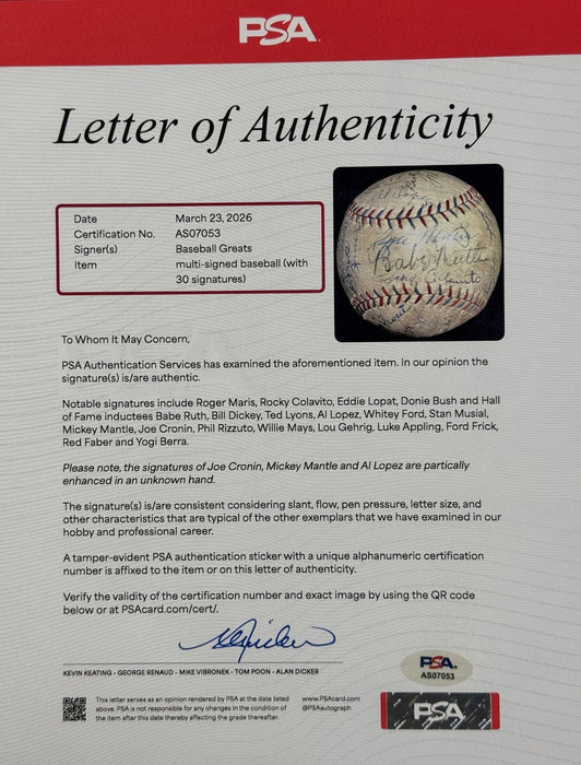 Babe Ruth, Lou Gehrig, Mickey Mantle & Roger Maris Signed Baseball PSA DNA COA