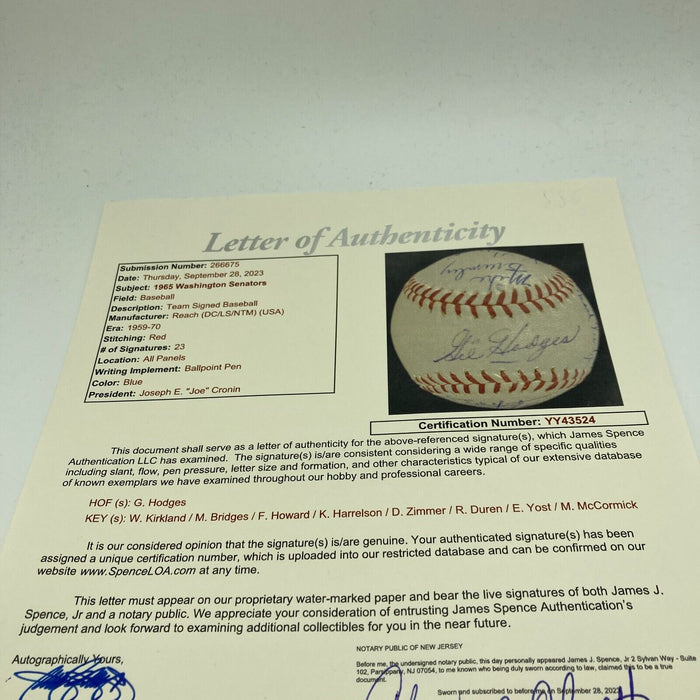 Gil Hodges Sweet Spot 1965 Washington Senators Team Signed Baseball JSA COA
