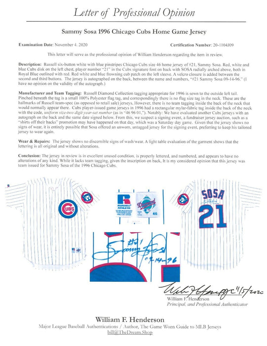 Sammy Sosa Signed Inscribed 1996 Chicago Cubs Game Issued Jersey With JSA COA