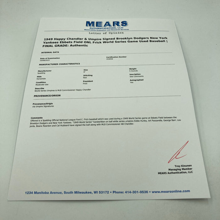 1949 World Series Signed Game Used Baseball Yankees VS. Dodgers MEARS COA