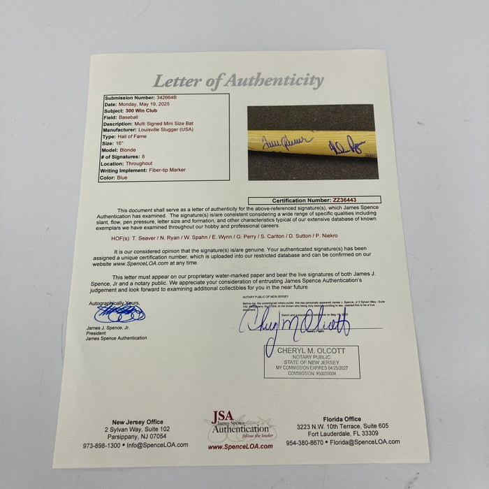 300 Win Club Signed Mini Baseball Bat Nolan Ryan Tom Seaver JSA COA