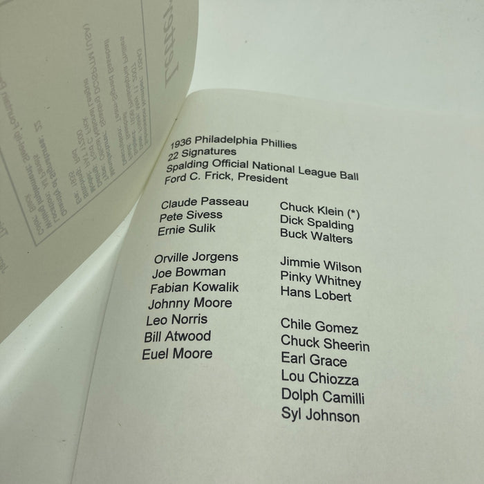 Chuck Klein 1936 Philadelphia Phillies Team Signed National League Baseball JSA