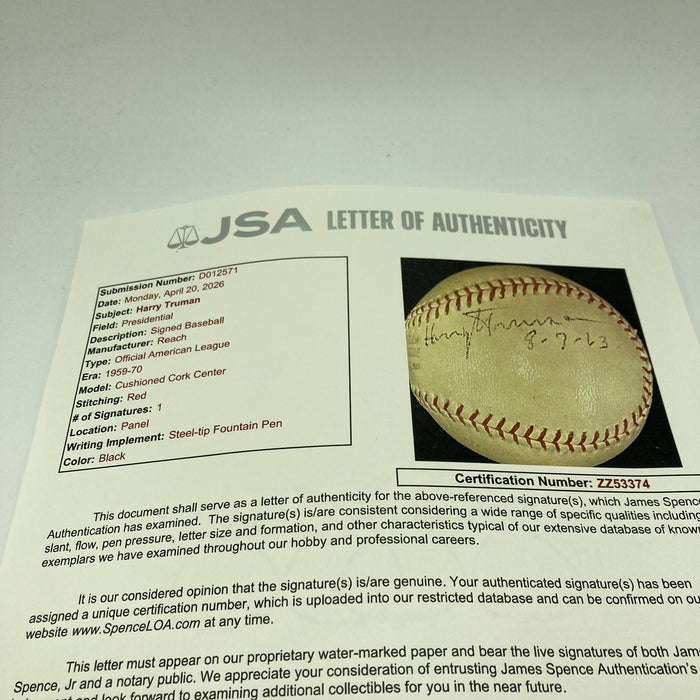 President Harry S. Truman Single Signed American League Baseball JSA COA