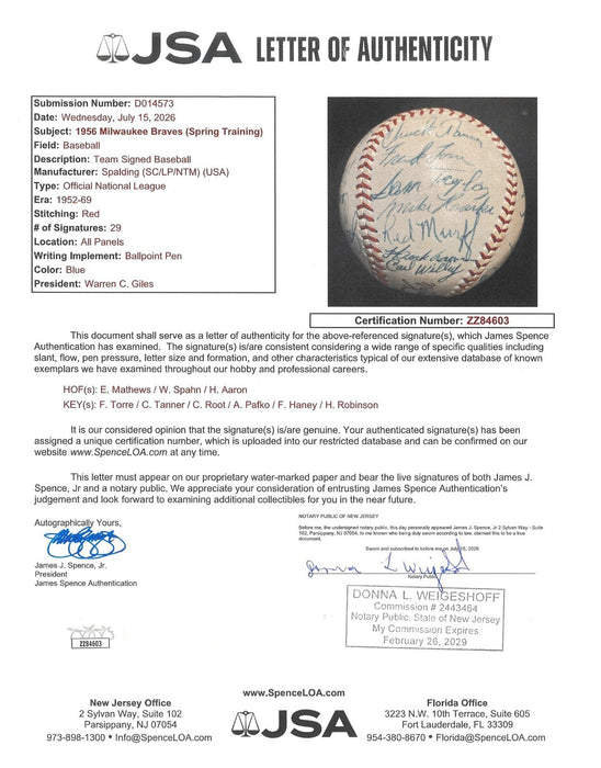 Beautiful 1956 Milwaukee Braves Team Signed NL Giles Baseball Hank Aaron JSA COA