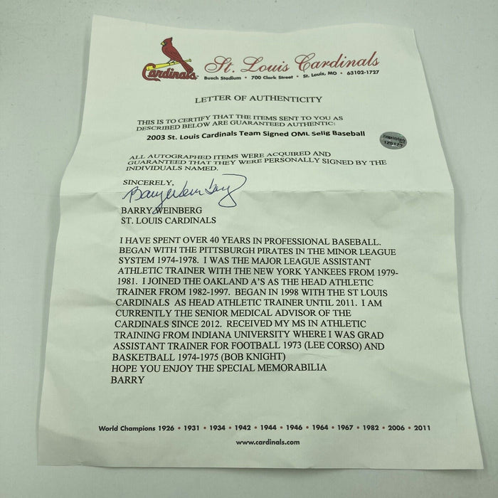 2002 St. Louis Cardinals Team Signed Major League Baseball Albert Pujols JSA COA