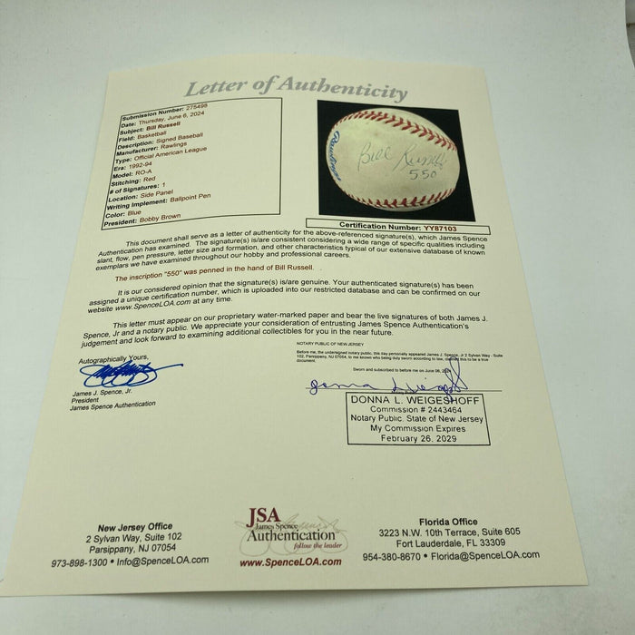 Bill Russell Signed American League Baseball NBA Boston Celtics HOF JSA COA