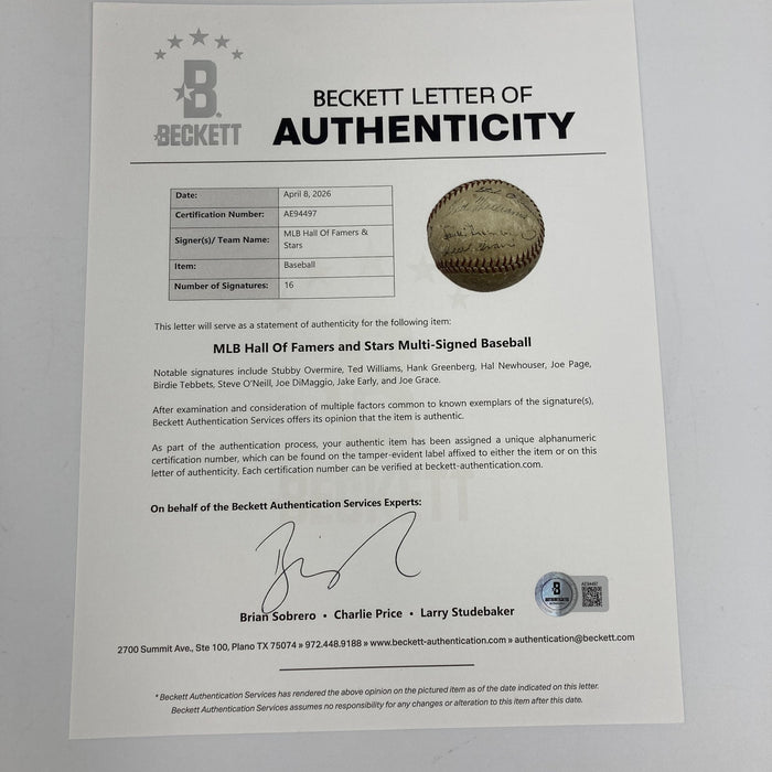 1949 All Star Team Signed Baseball Joe Dimaggio Ted Williams JSA & Beckett COA