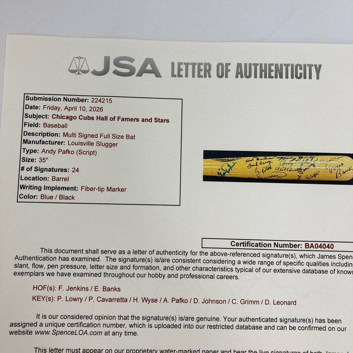 Chicago Cubs Hall Of Fame Legends Signed Baseball Bat 24 Sigs Ernie Banks JSA