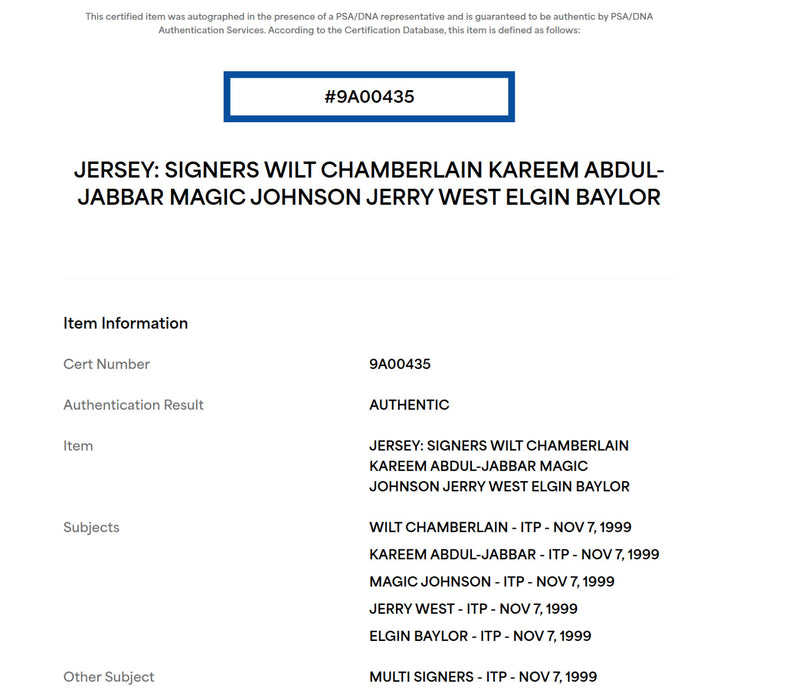 Wilt Chamberlain "HOF 1978" Los Angeles Lakers Legends Signed Jersey JSA & PSA