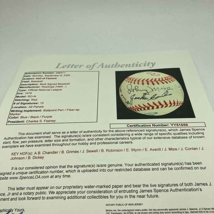 1970's HOF Multi Signed Baseball Earl Averill Burleigh Grimes JSA COA
