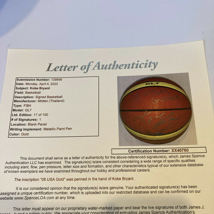 Kobe Bryant "2008 USA Gold" Signed Official Olympics FIBA Basketball UDA & JSA