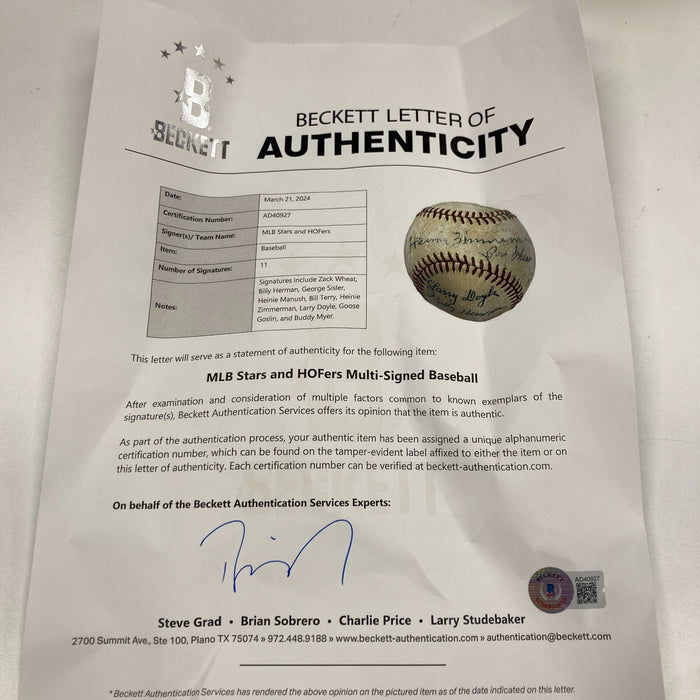 George Sisler Goose Goslin Heinie Zimmerman Zack Wheat Signed Baseball Beckett