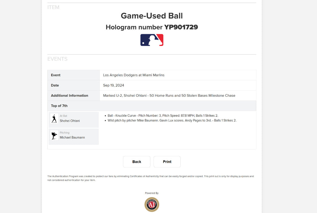 Shohei Ohtani 50/50 At Bat Game Used Baseball Pitch Before Home Run MLB Auth