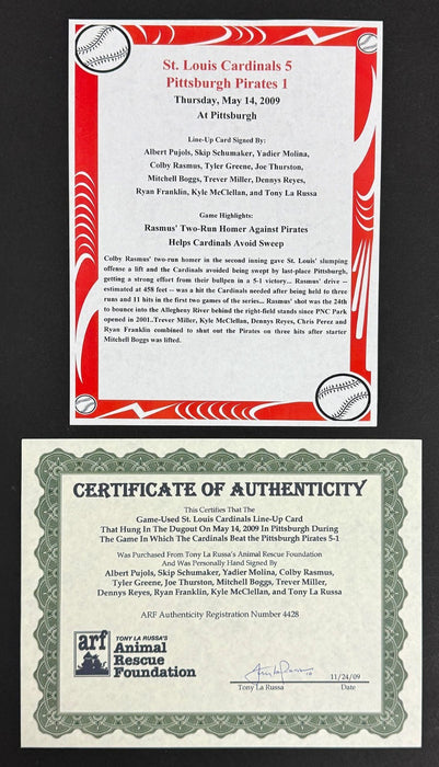 2009 St. Louis Cardinals Team Signed Game Used Lineup Card Albert Pujols Beckett