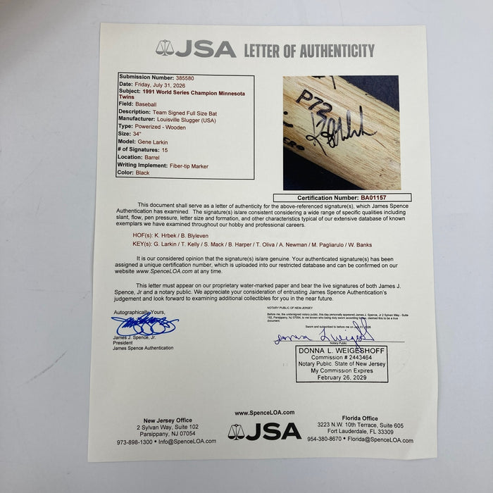 1991 Minnesota Twins World Series Champs Team Signed Baseball Bat JSA COA