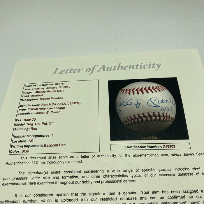 Mickey Mantle No. 7 Signed 1950's American League Joe Cronin Baseball JSA COA