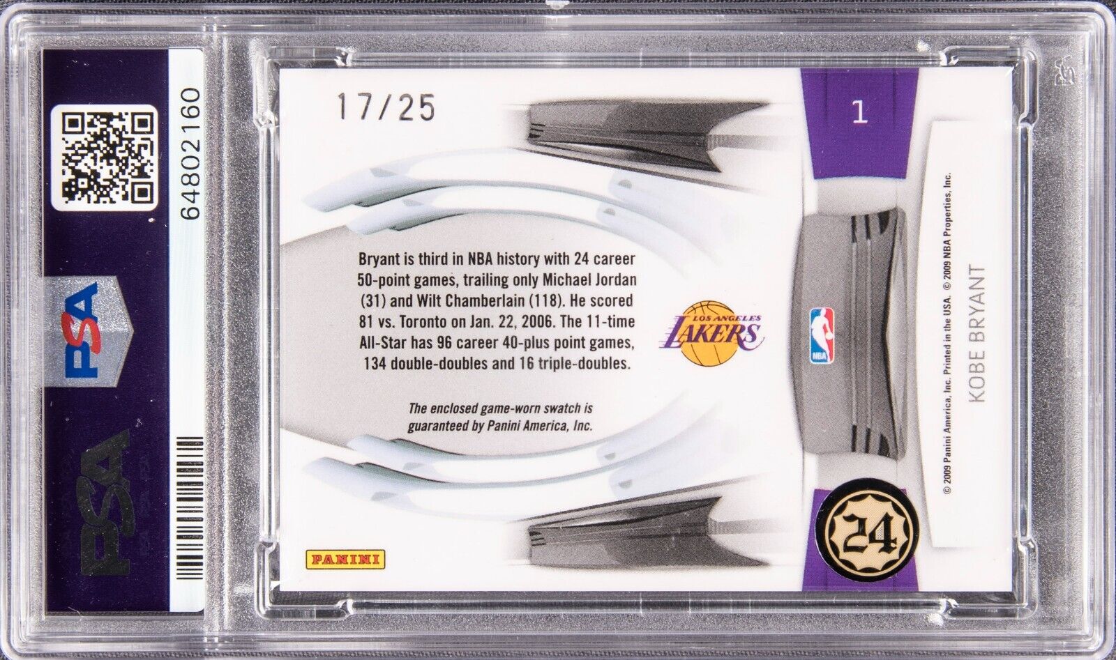 2009-10 2024 sp game used Kobe bryant psa 5