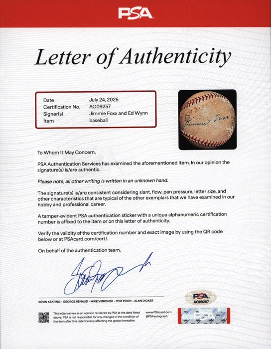 Jimmie Foxx Signed Baseball Displays As Single Signed PSA DNA COA
