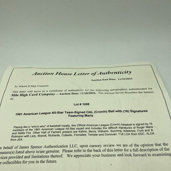 1961 All Star Game Team Signed Baseball Roger Maris Nellie Fox JSA COA