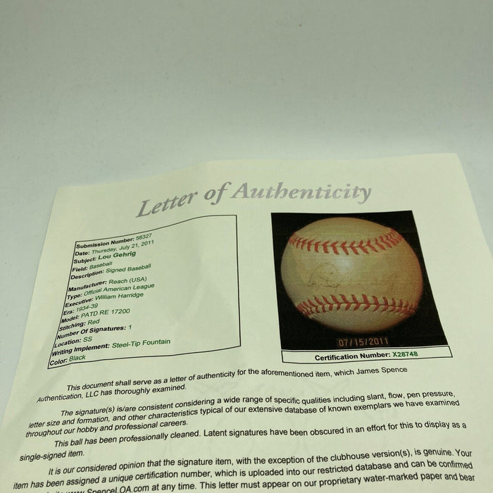 Lou Gehrig Signed 1934 Official American League Baseball JSA COA