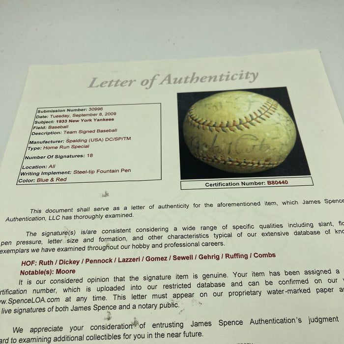 Babe Ruth & Lou Gehrig 1933 New York Yankees Team Signed Baseball JSA COA