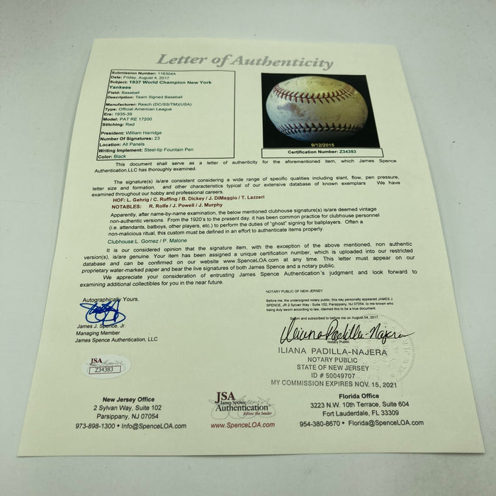 1937 New York Yankees World Series Champs Team Signed Baseball Lou Gehrig JSA