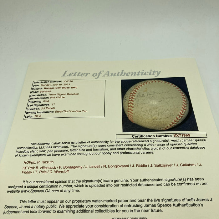 Phil Rizzuto 1940 Kansas City Blues Rookie Minor League Team Signed Baseball JSA