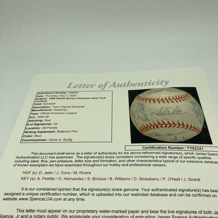 1998 New York Yankees World Series Champs Team Signed Baseball Derek Jeter JSA