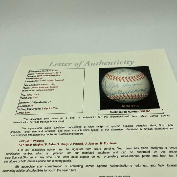 Ted Williams 1958 Boston Red Sox Team Signed American League Baseball JSA COA