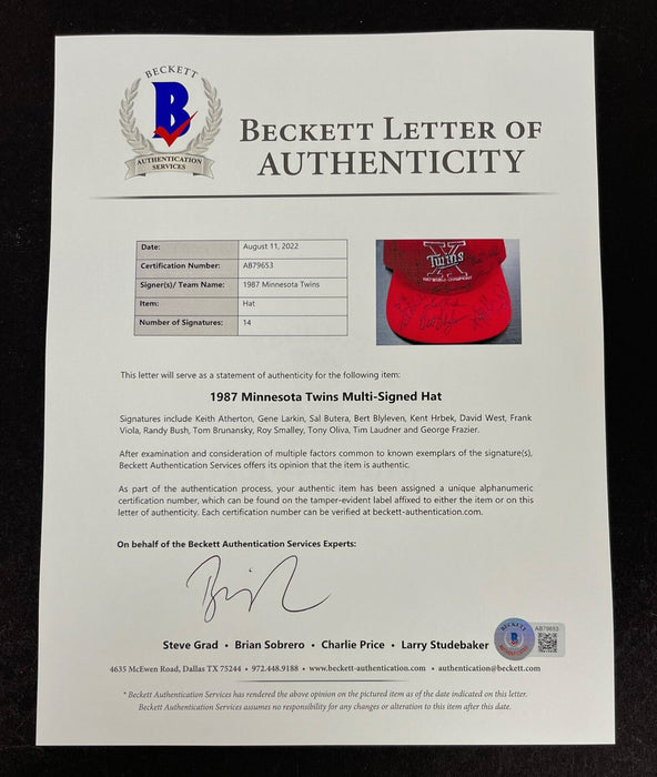 1987 Minnesota Twins World Series Champs Team Signed Baseball Hat Beckett COA