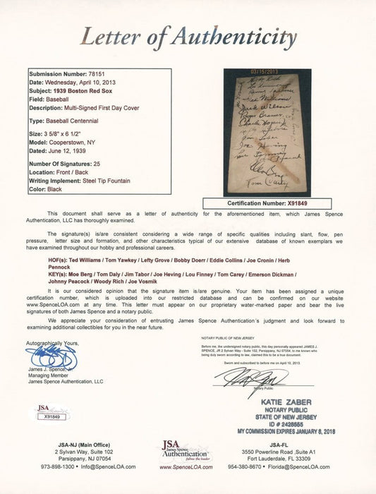 Ted Williams Rookie 1939 Boston Red Sox Team Signed First Day Cover Moe Berg PSA