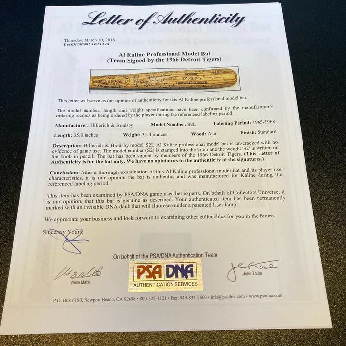 1966 Detroit Tigers Team Signed Al Kaline Game Issued Bat PSA DNA & JSA COA