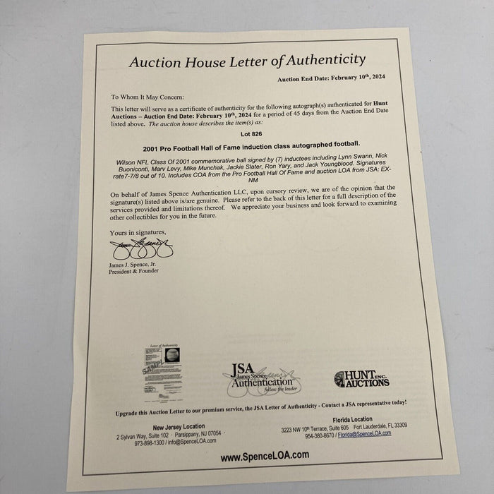 2001 NFL Hall Of Fame Induction Class Signed Football Marv Levy Lynn Swann JSA