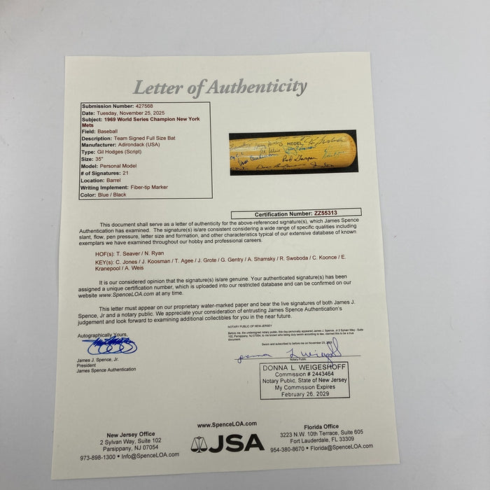 1969 New York Mets World Series Champs Team Signed Bat Nolan Ryan Tom Seaver JSA