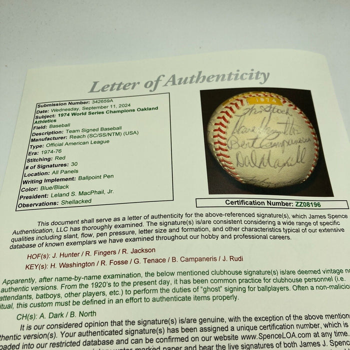 1974 Oakland A’s World Series Champs Team Signed Baseball JSA COA