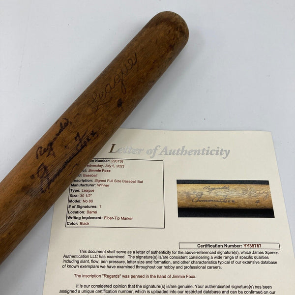 Jimmie Foxx Signed Autographed 1930's Baseball Bat JSA COA