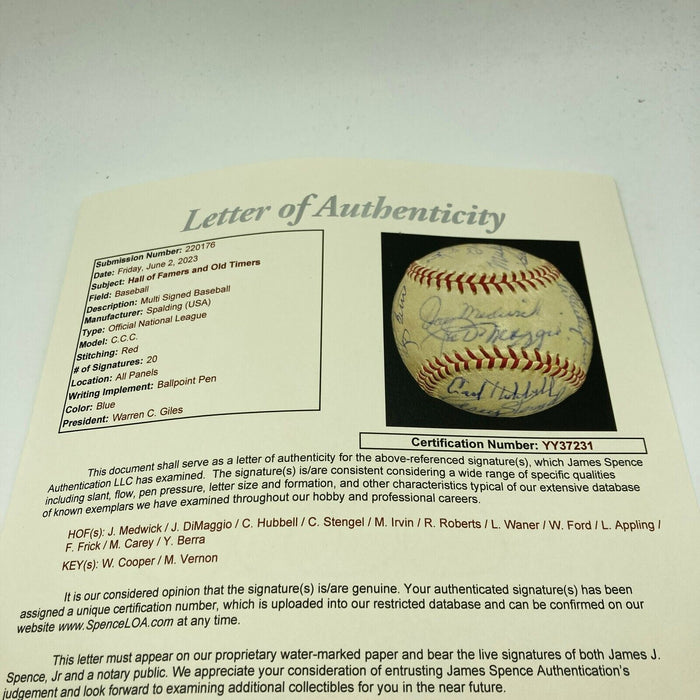 1950's HOF Multi Signed Baseball Joe Dimaggio Casey Stengel Ford Frick JSA COA