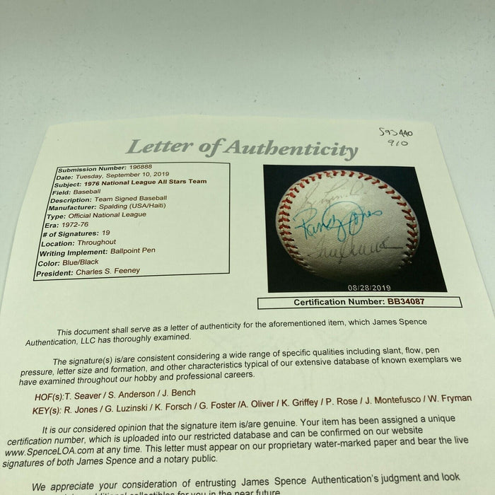 1976 All Star Game Team Signed Baseball Tom Seaver Johnny Bench Pete Rose JSA