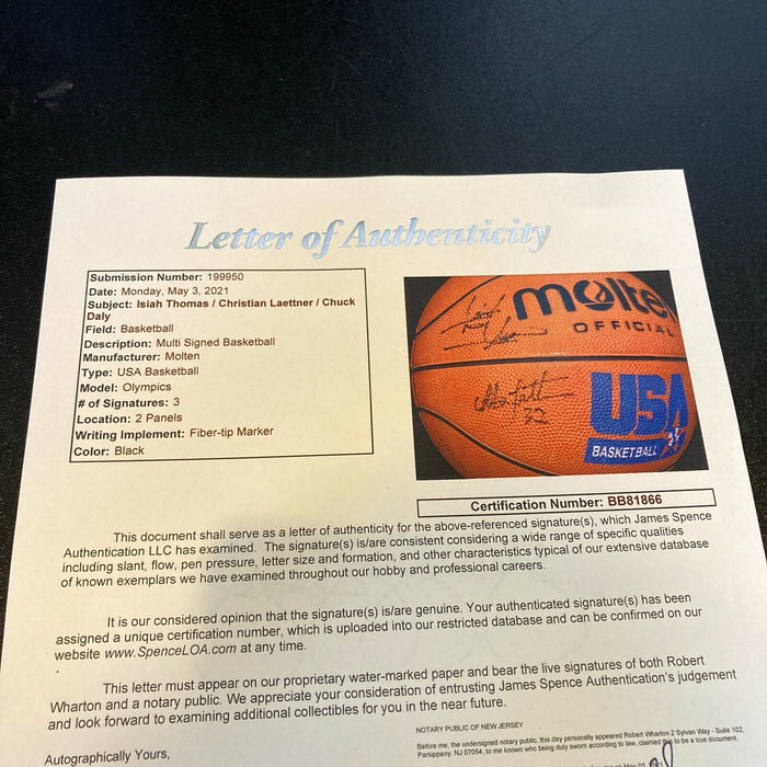 Isiah Thomas Chuck Daly Christian Laettner 1992 Dream Team Signed Basketball JSA