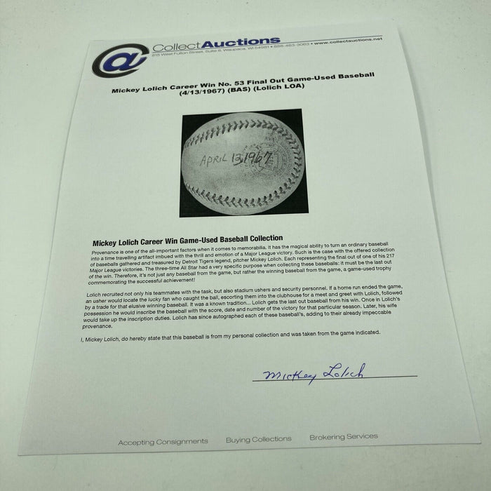 Mickey Lolich Signed Career Win No. 53 Final Out Game Used Baseball Beckett COA