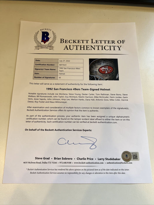 1992 San Francisco 49ers Team Signed Full Size Game Model Helmet Beckett COA