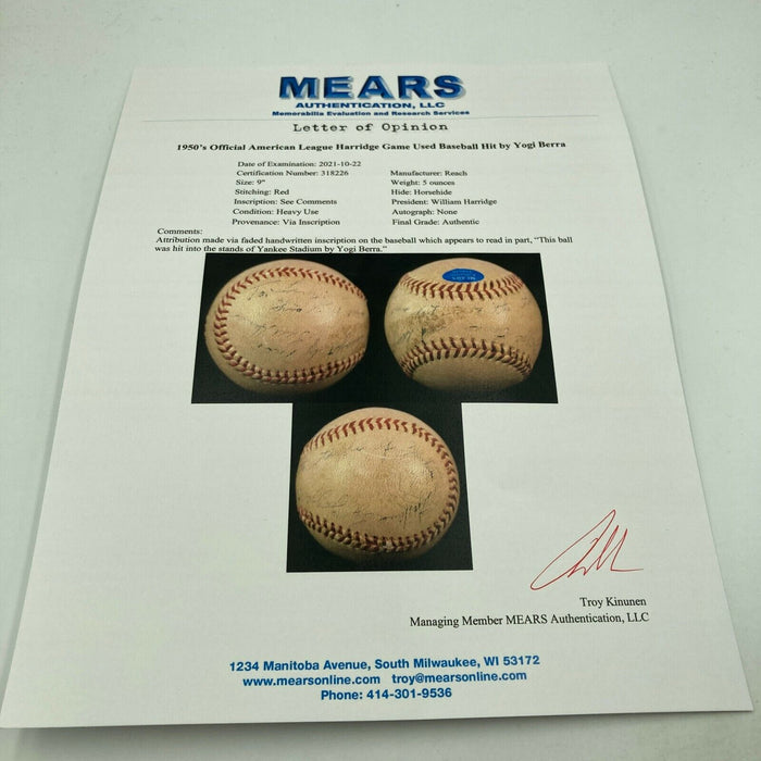 1950's Game Used American League Baseball Actually Hit By Yogi Berra MEARS COA