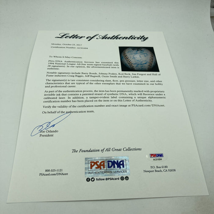 1994 All Star Game National League Team Signed Baseball Barry Bonds PSA DNA COA