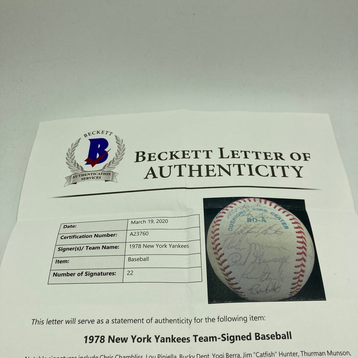 1978 New York Yankees World Series Champs Team Signed Baseball Munson Beckett