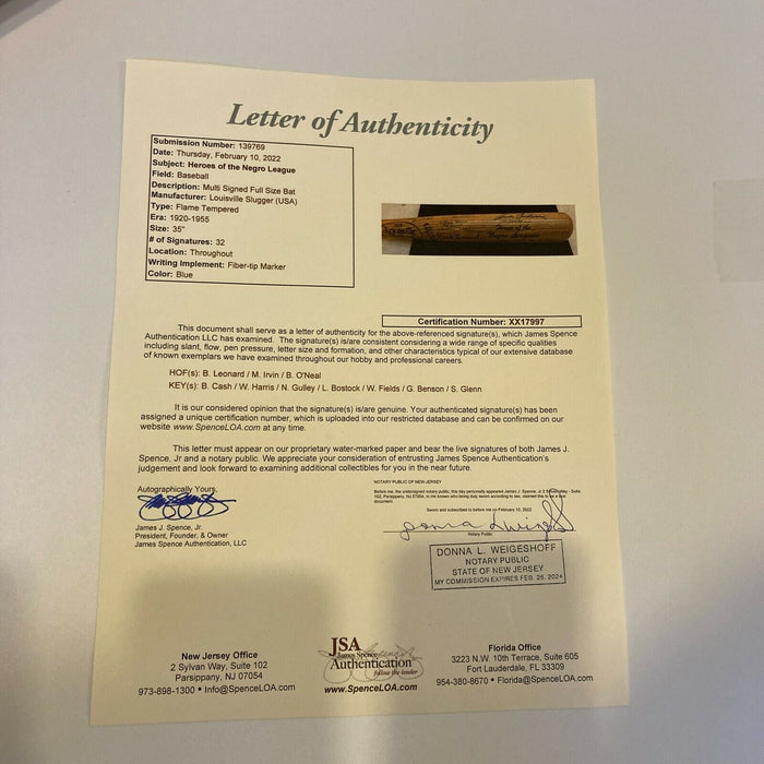 Beautiful Negro League Legends Multi Signed Baseball Bat JSA COA