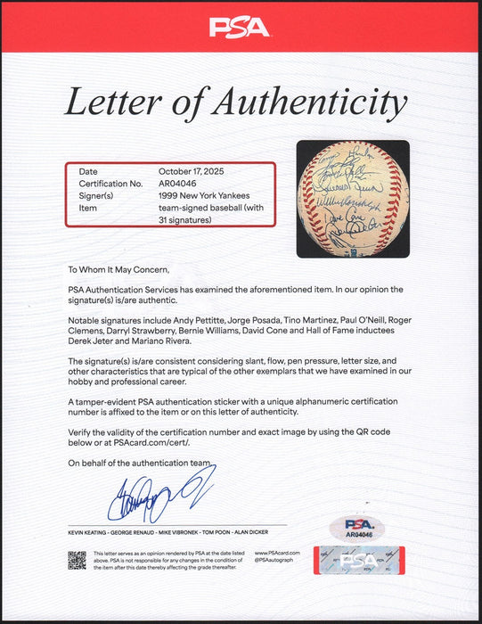 1999 Yankees Team Signed World Series Baseball Derek Jeter Mariano Rivera PSA