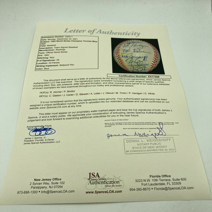 1993 Toronto Blue Jays World Series Champs Team Signed Baseball JSA COA