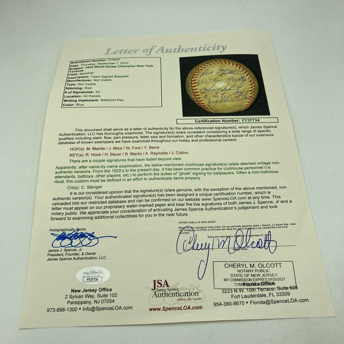 1953 New York Yankees World Series Champs Team Signed Baseball Mickey Mantle JSA