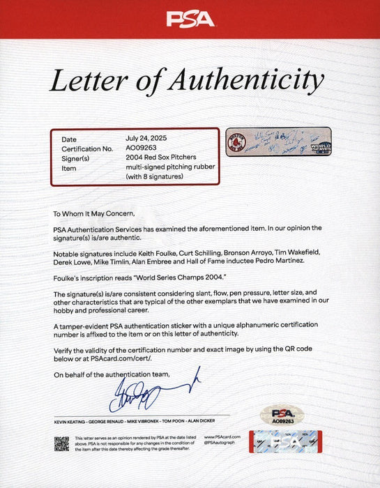 2004 Boston Red Sox World Series Champs Pitching Staff Signed Rubber 8 Sigs PSA