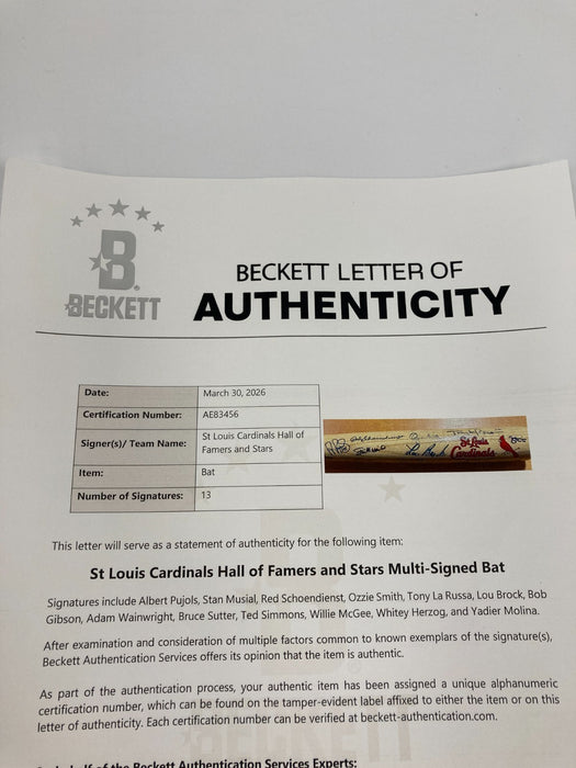 Albert Pujols Stan Musial St. Louis Cardinals HOF Legends Signed Bat Beckett COA